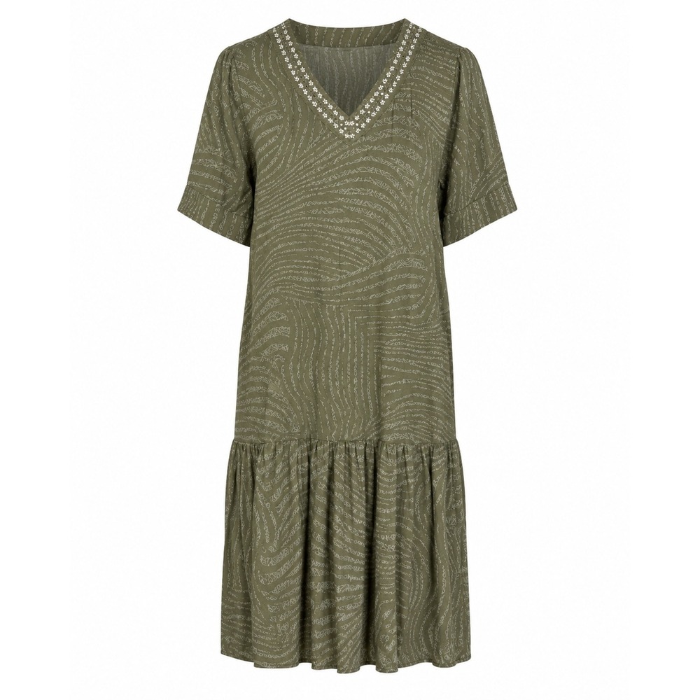 Chicos Desert Zebra Tiered Midi Dress Fatigue Green V-Neck Embroidered Size 1 L